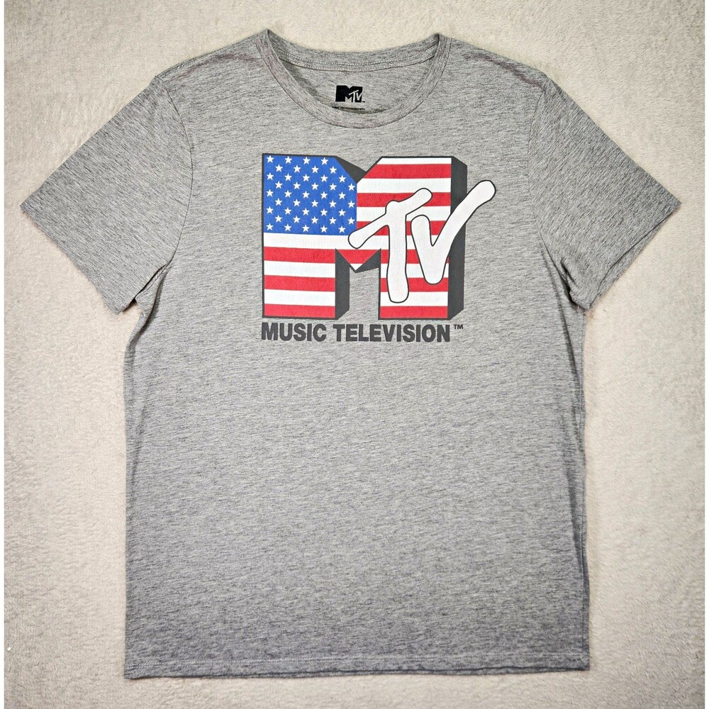 MTV Music Television Graphic T-Shirt Size L Gray American Flag Logo